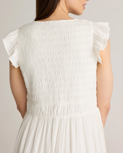 Organic Textured Cotton Smocked V-Neck Midi Dress - XS / Pale Custard Yellow