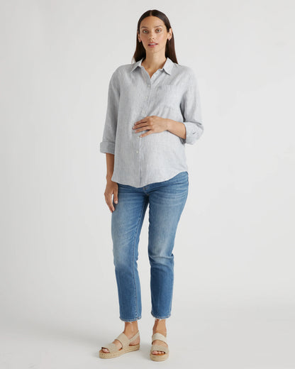 100% European Linen Maternity Long Sleeve Shirt - XS / Blue Pinstripe