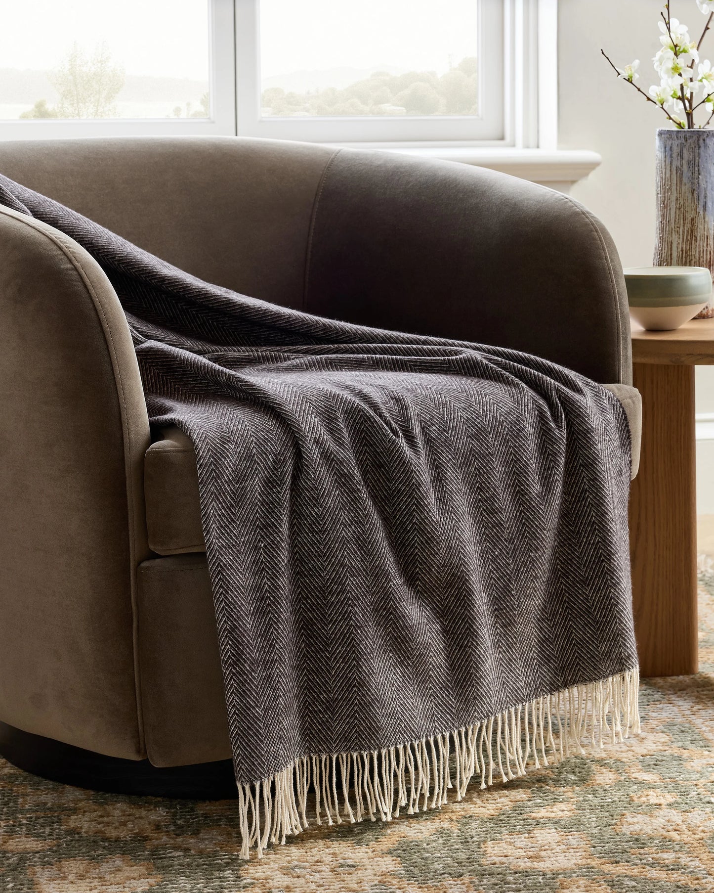 Lightweight Italian Cotton Herringbone Throw - One Size / Mushroom