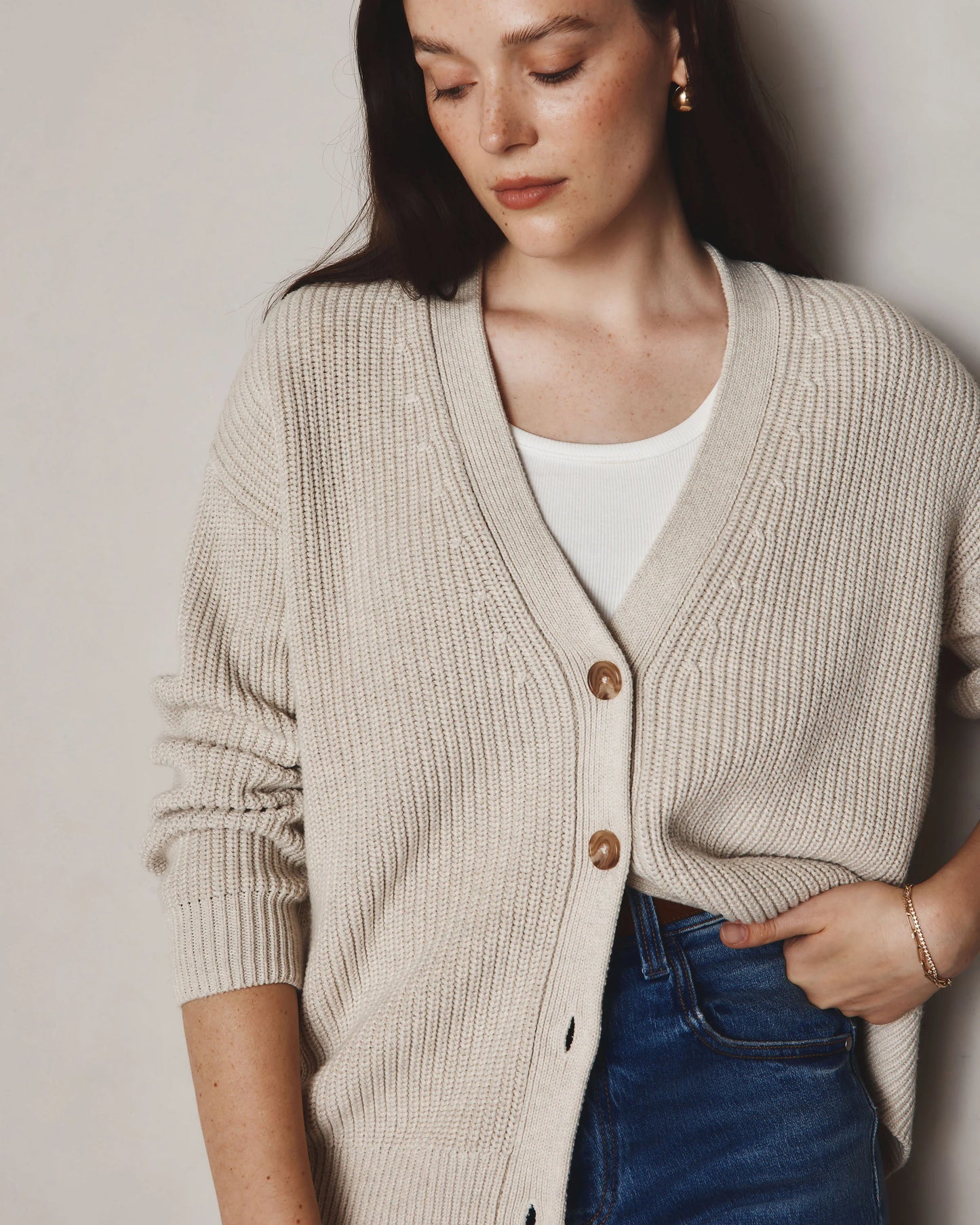 100% Organic Cotton Oversized Boyfriend Cardigan - XS / Speckled Beige