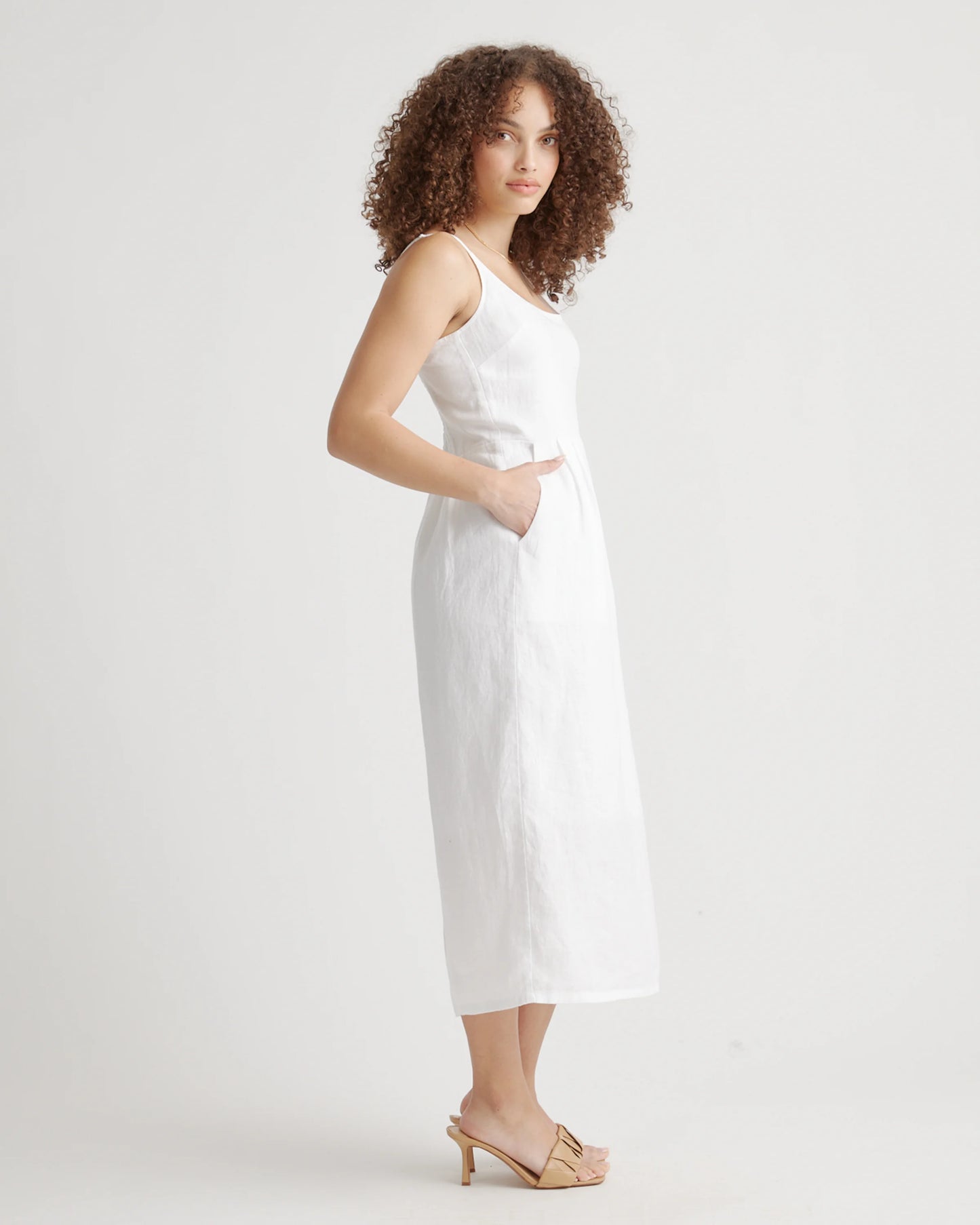 100% European Linen Scoop Neck Midi Dress - XS / Ivory Porcelain Blue Petite Floral