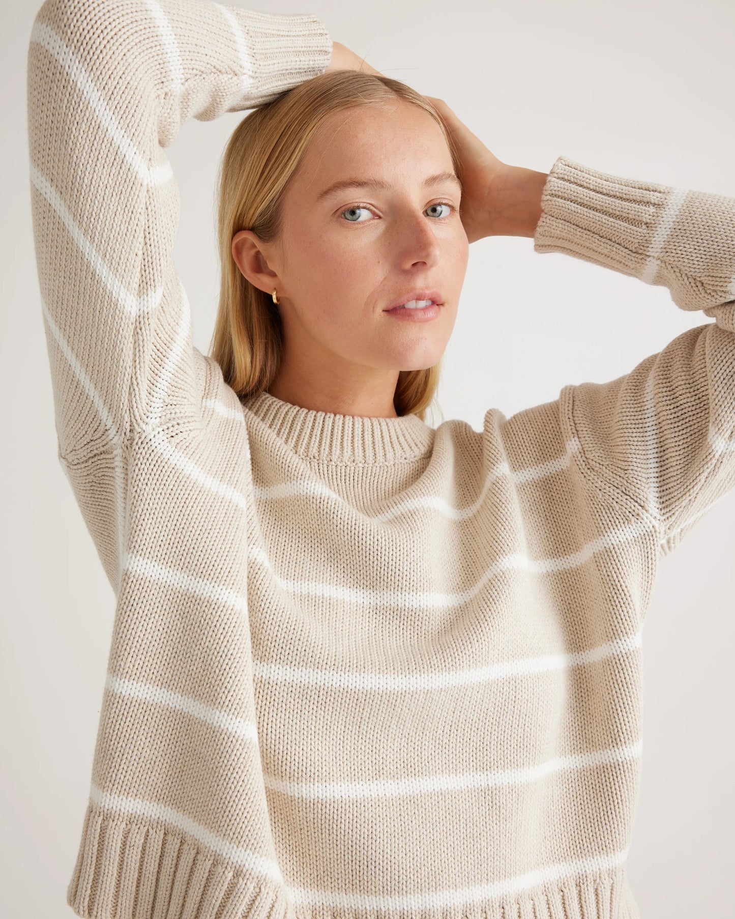 100% Organic Cotton Striped Crew Sweater - XS / Heather Brown/Ivory