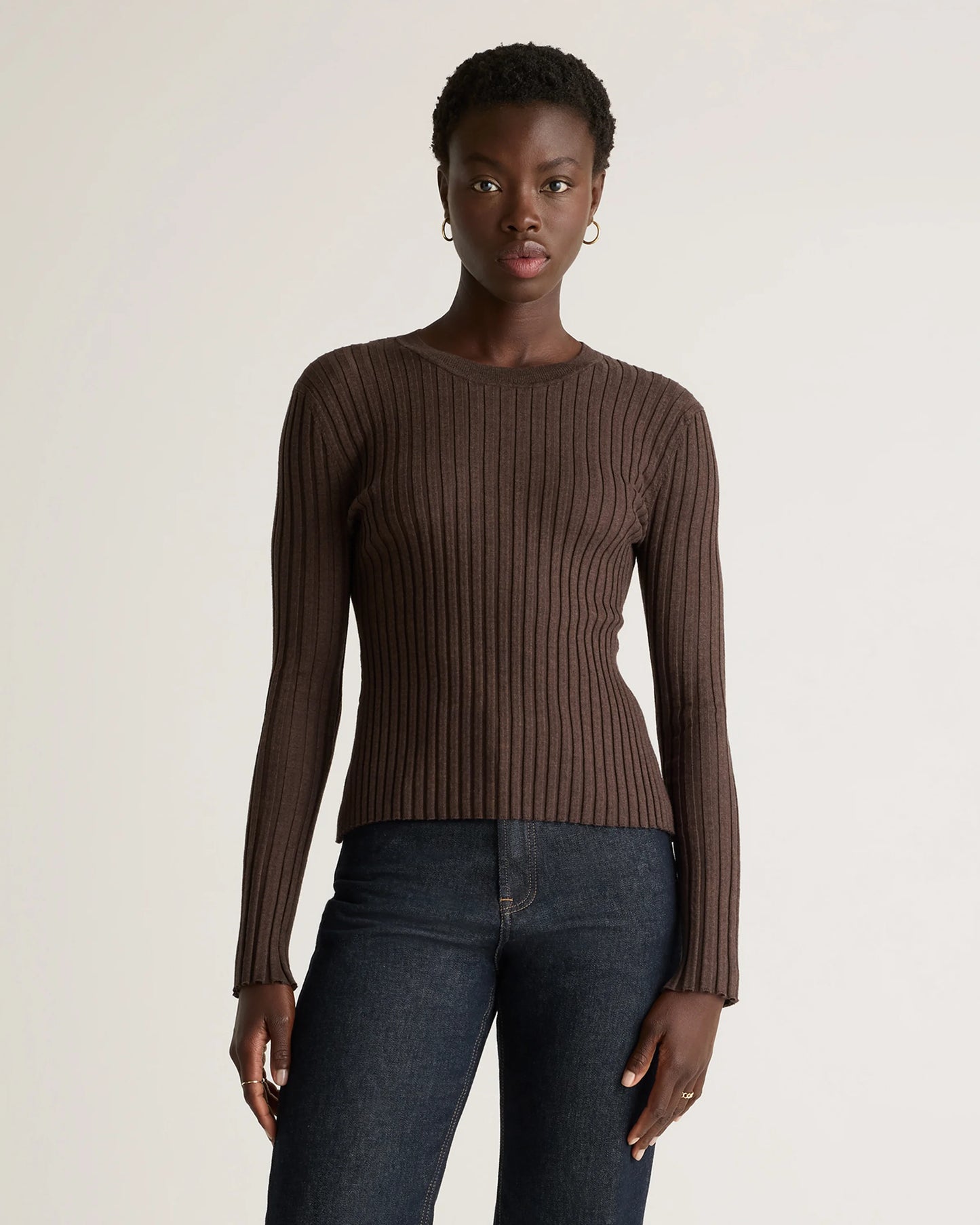 Cotton Cashmere Ribbed Long Sleeve Sweater - XS / Sugar Stone