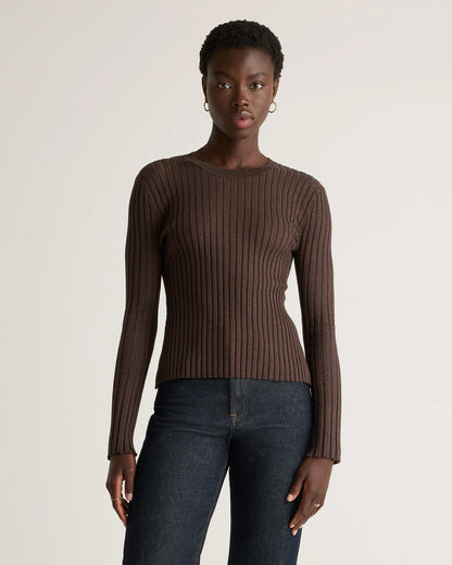 Cotton Cashmere Ribbed Long Sleeve Sweater - XS / Sugar Stone
