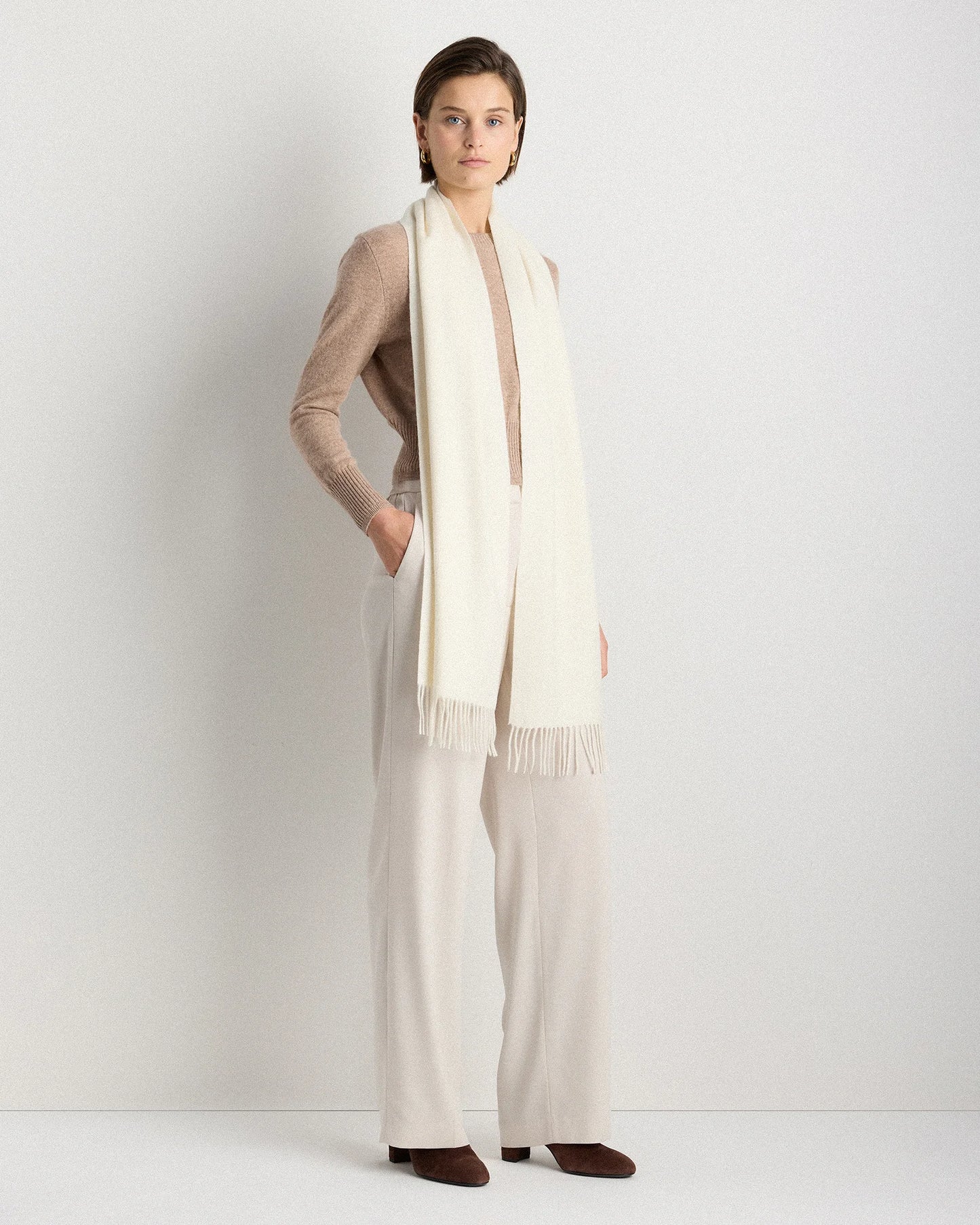 Mongolian Cashmere Woven Fringe Scarf - One Size / Ivory
