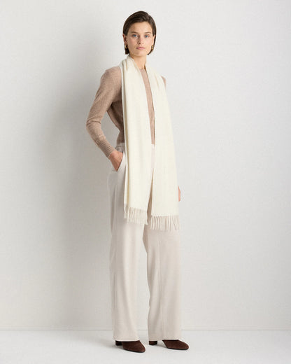 Mongolian Cashmere Woven Fringe Scarf - One Size / Ivory
