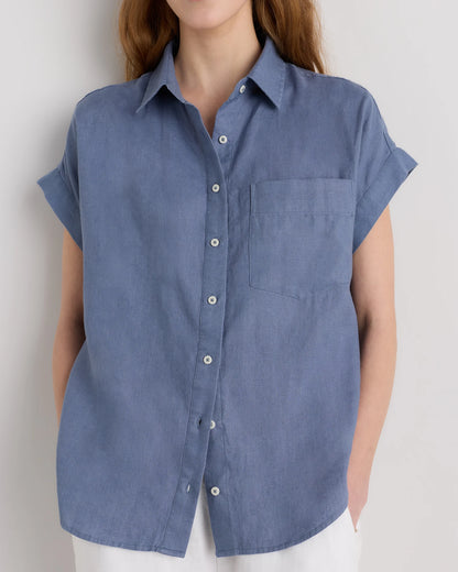 100% European Linen Camp Shirt - XS / Sky Blue Mariner Stripe