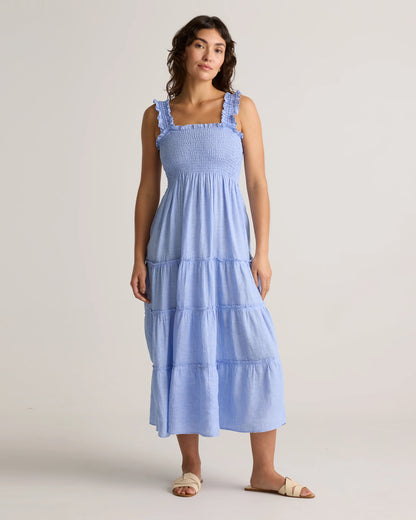 100% European Linen Smocked Midi Dress - XS / Ivory Porcelain Blue Petite Floral