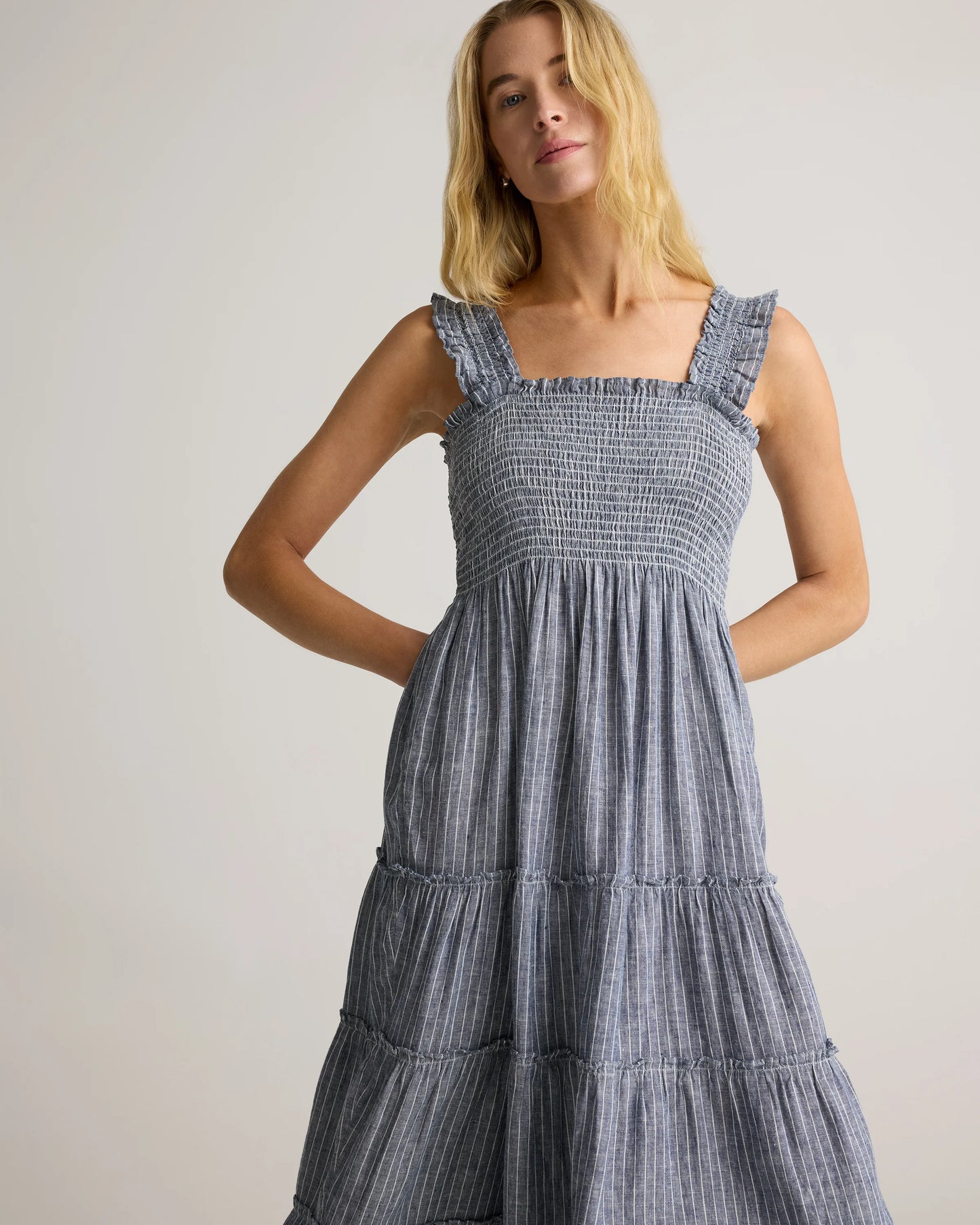 100% European Linen Smocked Midi Dress - XS / Ivory Porcelain Blue Petite Floral