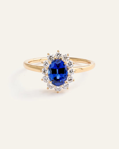 14K Gold Lab Grown Diamond and Blue Sapphire Halo Ring - 4 / Yellow Gold