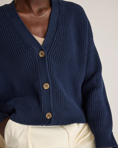 100% Organic Cotton Fisherman Boxy Cropped Cardigan - XS / Sapphire Blue