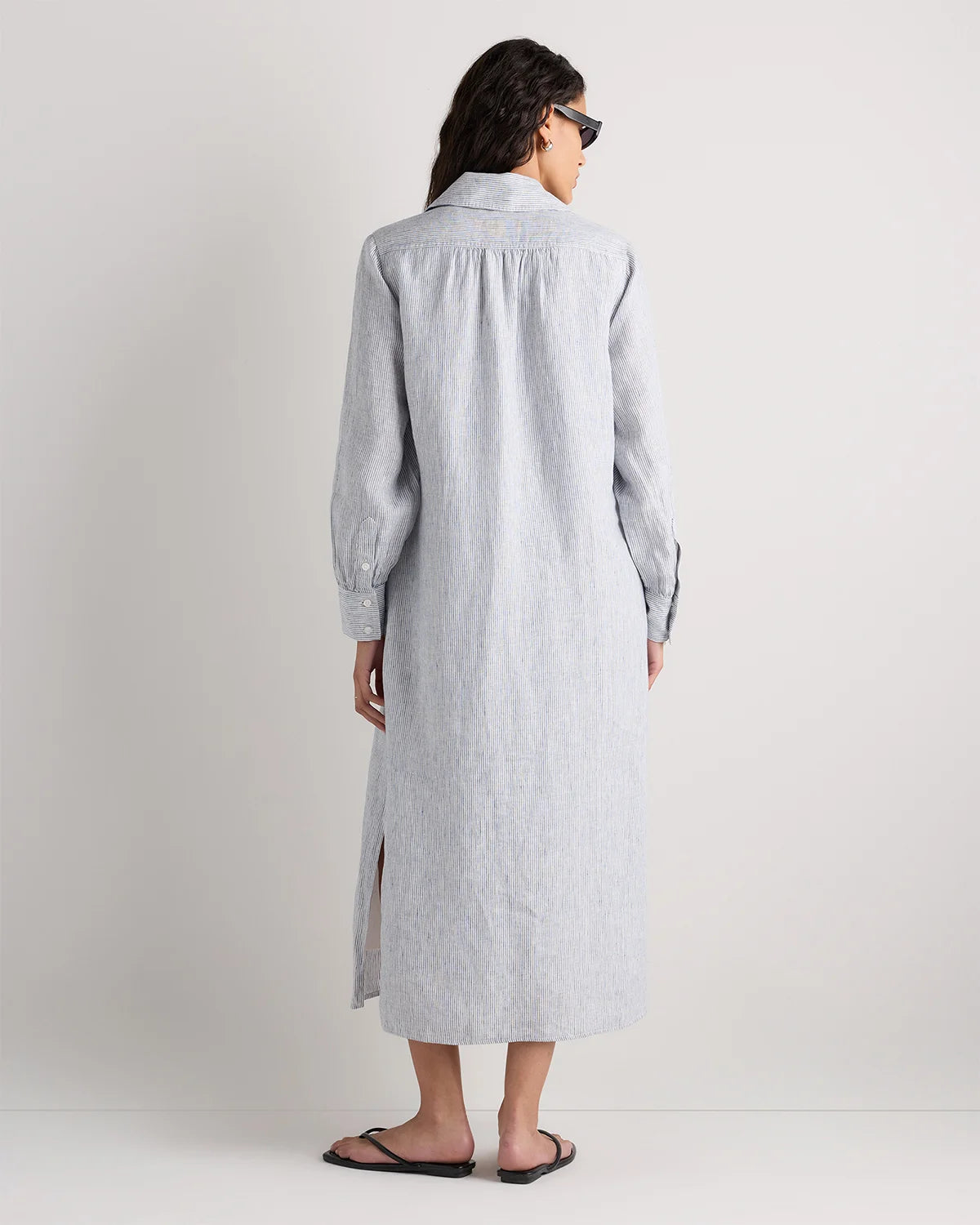 100% European Linen Popover Maxi Dress - XS / Blue Pinstripe