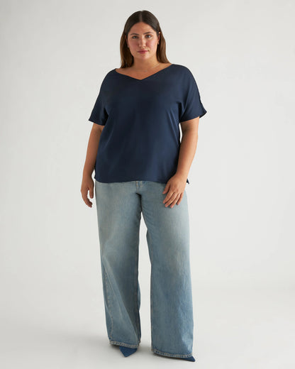 Washable Stretch Silk Reversible V-Neck Blouse - XS / Navy