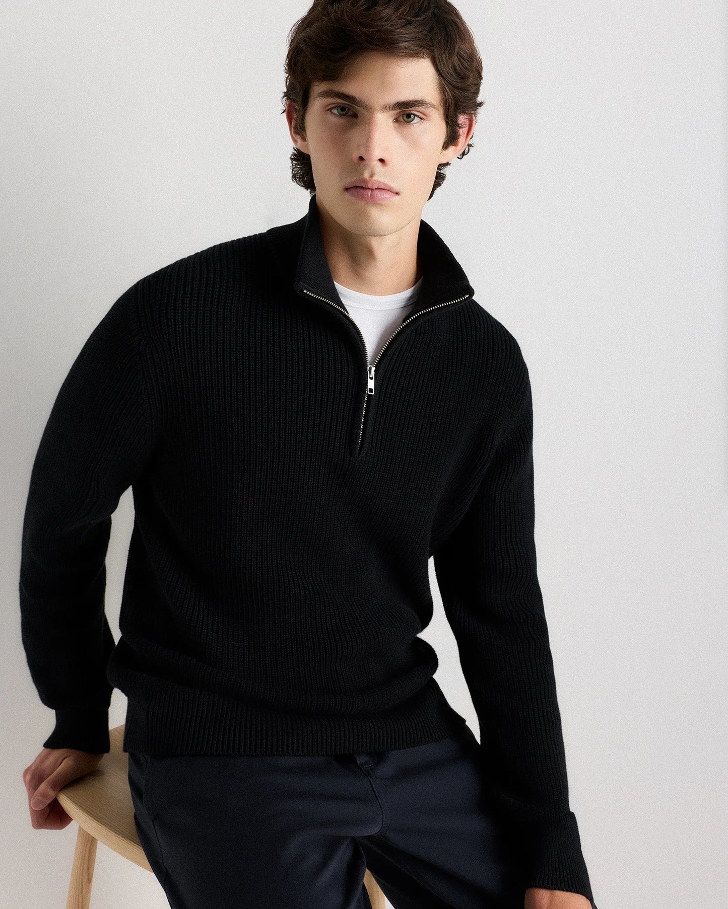 100% Organic Cotton Ribbed Quarter-Zip Sweater - S / Navy