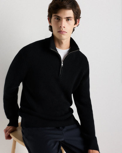 100% Organic Cotton Ribbed Quarter-Zip Sweater - S / Navy