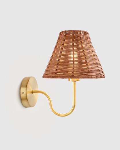 Curved Iron Sconce with Rattan Shade - One Size / Light Brown