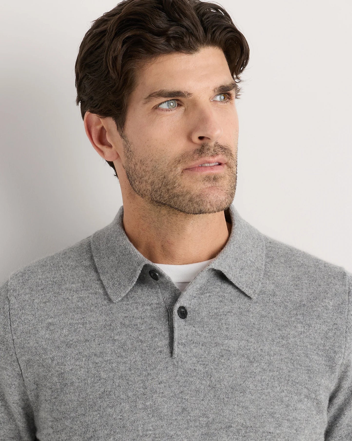 100% Mongolian Cashmere Short Sleeve Polo Sweater - S / Heather Storm Blue