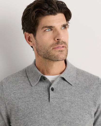 100% Mongolian Cashmere Short Sleeve Polo Sweater - S / Heather Storm Blue