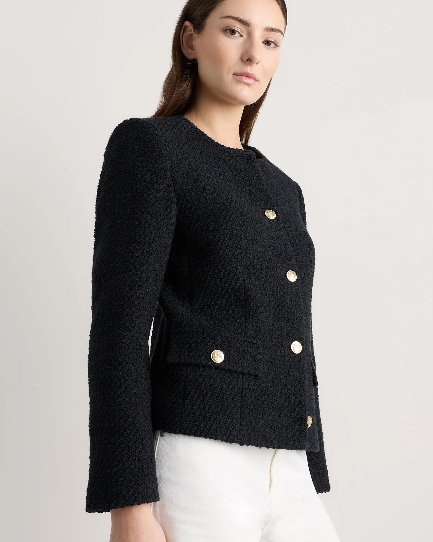 Tweed Collarless Jacket - XS / Deep Navy