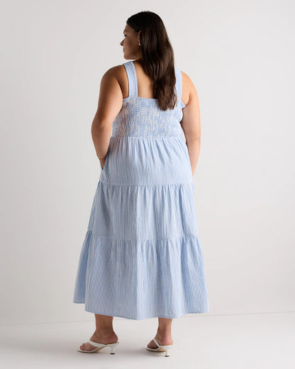 100% Organic Cotton Gauze Smocked Sleeveless Maxi Dress - 1X / Ocean Breeze