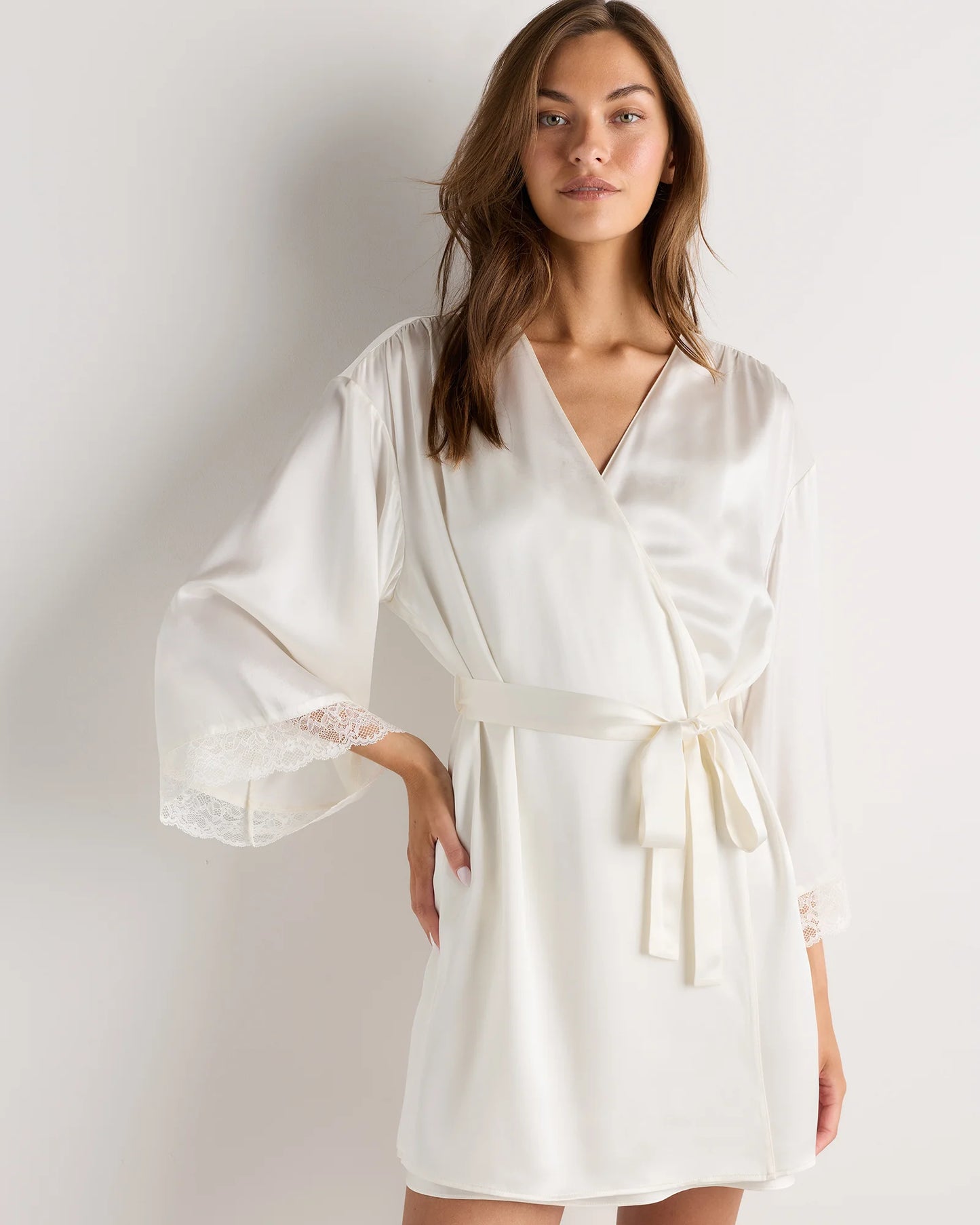 100% Washable Silk Satin Lace Trim Robe - XS / Black