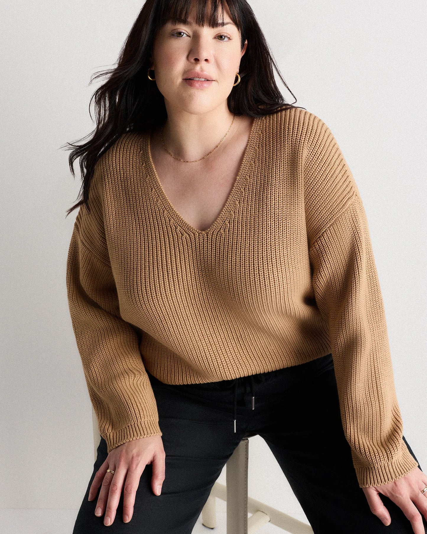 100% Organic Cotton Fisherman V-Neck Sweater - 1X / Speckled Beige