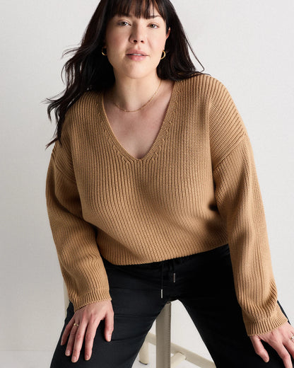 100% Organic Cotton Fisherman V-Neck Sweater - 1X / Speckled Beige