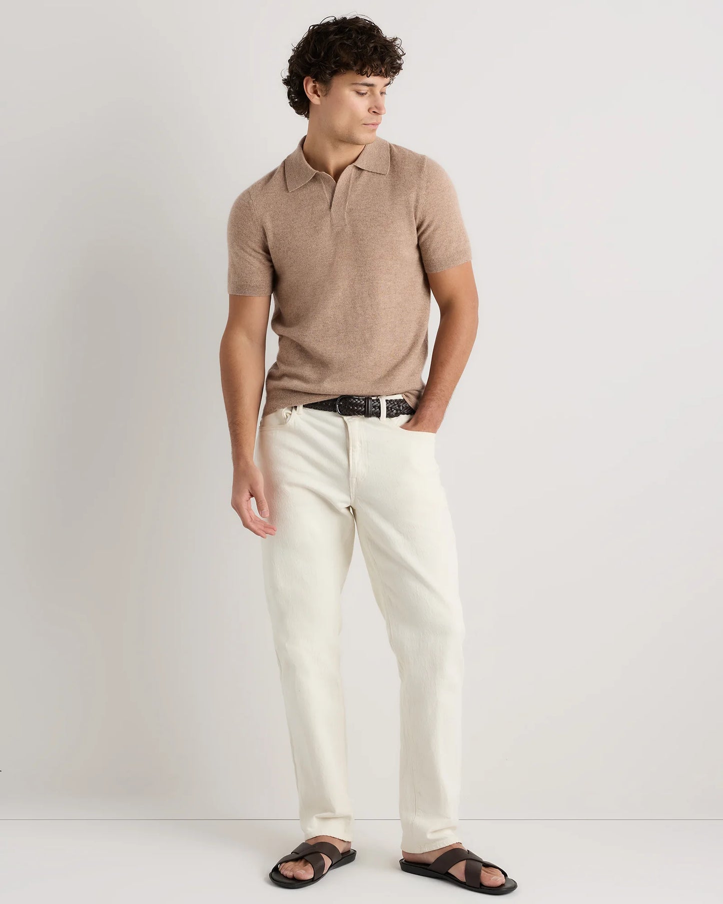 100% Mongolian Cashmere Johnny Collar Polo Sweater - S / Oatmeal