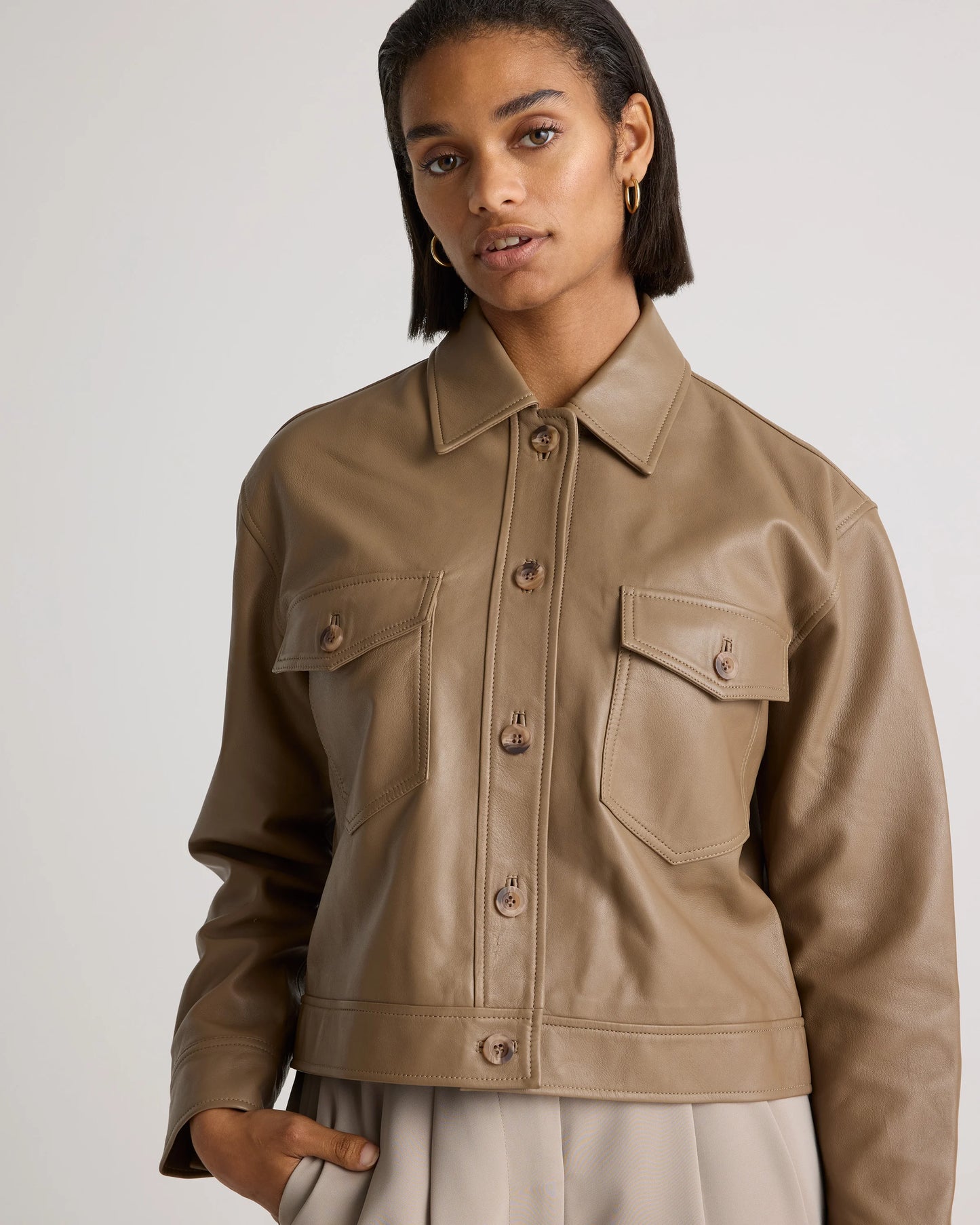 100% Leather Cropped Jacket - XS / Rich Brown