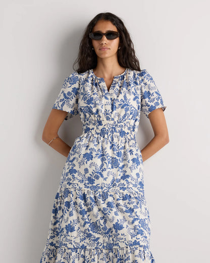 100% Organic Cotton Poplin Tiered Maxi Dress - XS / Riviera Blue Heirloom Floral