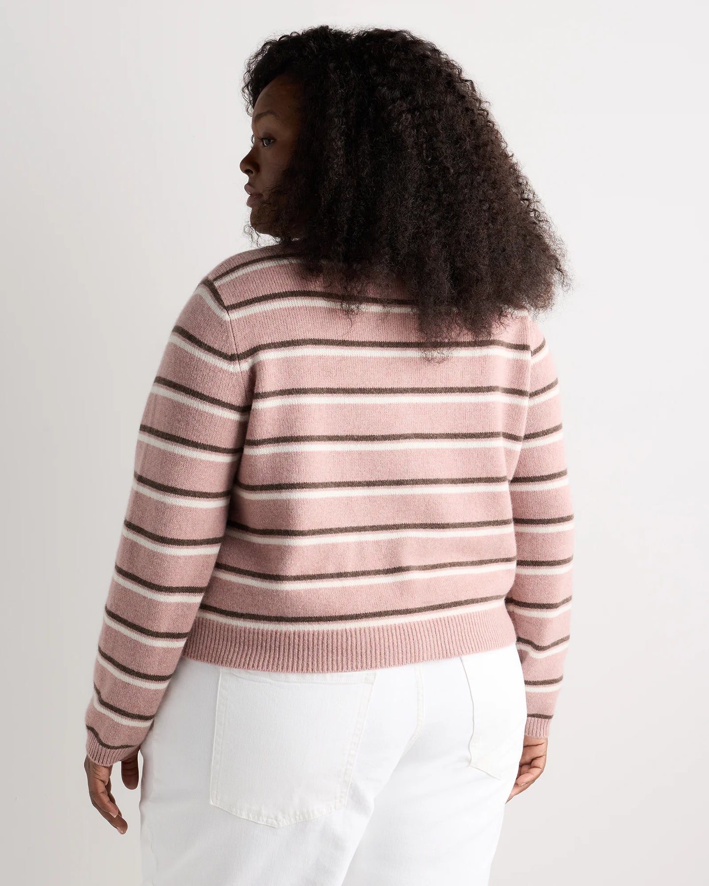 Mongolian Cashmere Cropped Crew Cardigan - 1X / Heather Vintage Pink / Brown Variegated Stripe