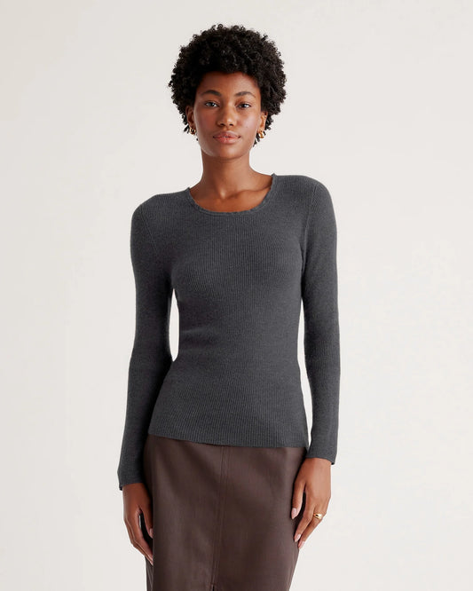 Featherweight Cashmere Ribbed Crewneck Sweater - XS / Charcoal