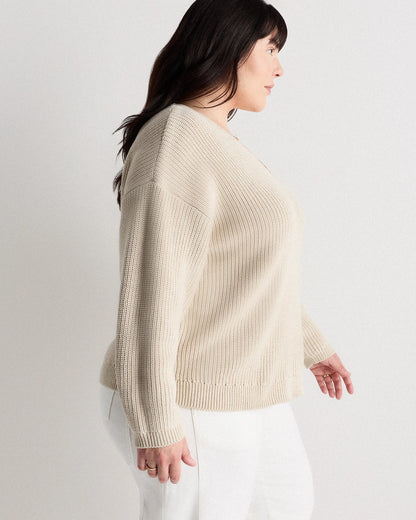 100% Organic Cotton Fisherman V-Neck Sweater - 1X / Speckled Beige