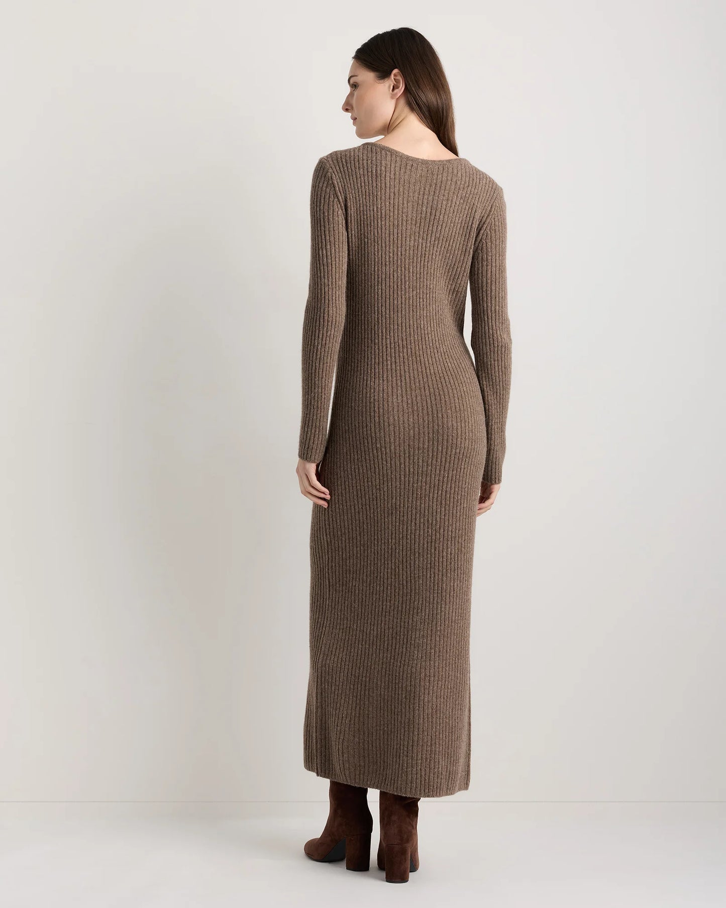 100% Yak Wool Ribbed Cardigan Sweater Dress - XS / Heather Brown
