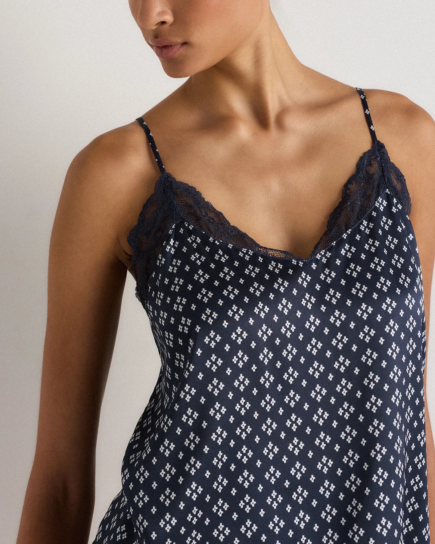 100% Washable Silk Satin Lace Cami Pajama Top - XS / Black