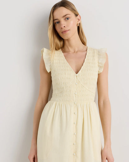 Organic Textured Cotton Smocked V-Neck Midi Dress - XS / Pale Custard Yellow