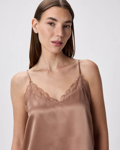 100% Washable Silk Satin Lace Cami Pajama Top - XS / Black