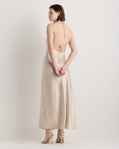 100% Washable Silk Halter Maxi Dress - XS / True Black