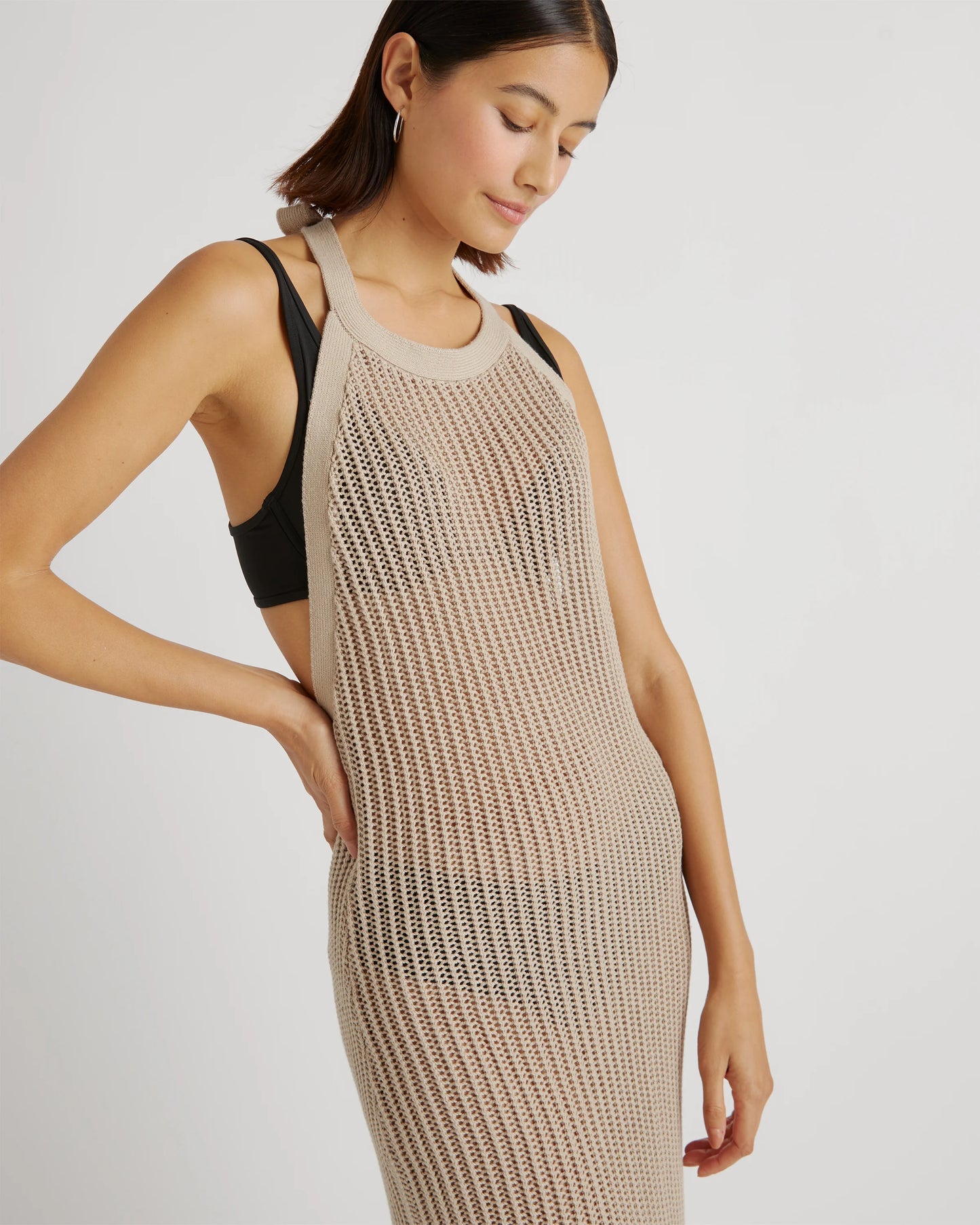 100% Organic Cotton Open-Knit Cover-Up Maxi Dress - XS / Beige