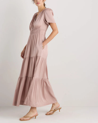 Washable Stretch Silk Tiered Maxi Dress - XS / Navy