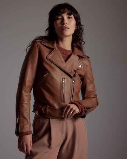 100% Leather Motorcycle Jacket - XS / Cognac