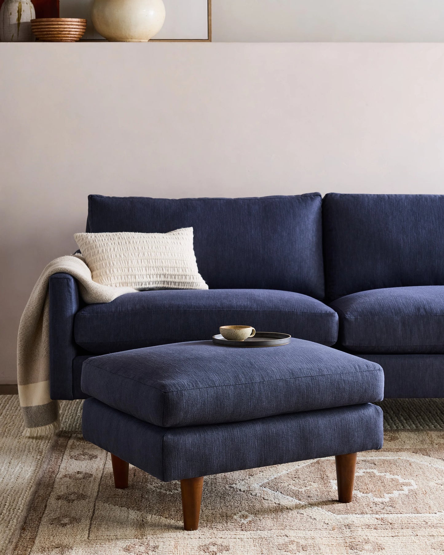 Atlas Midcentury Ottoman in Performance Basketweave - 31.5" / Navy