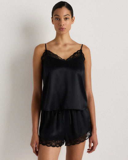 100% Washable Silk Satin Lace Cami Pajama Top - XS / Black