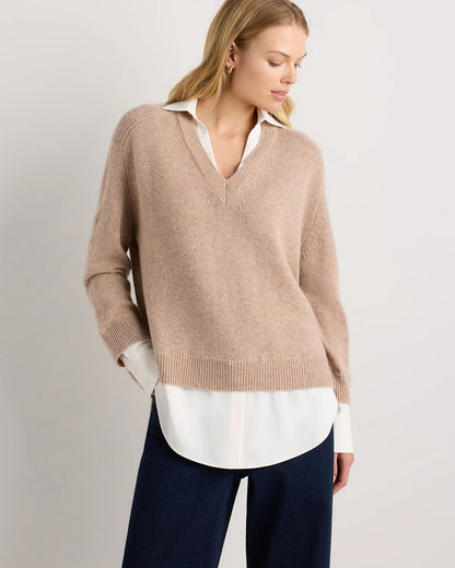 100% Mongolian Cashmere Layered V-Neck Sweater - XS / Ivory