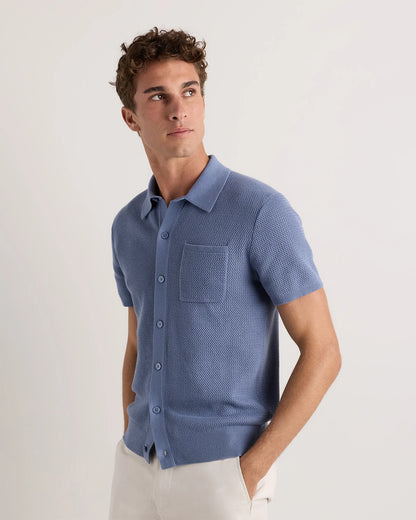 100% Organic Cotton Mesh-Stitch Button-Up Sweater Polo - XS / Speckled Beige