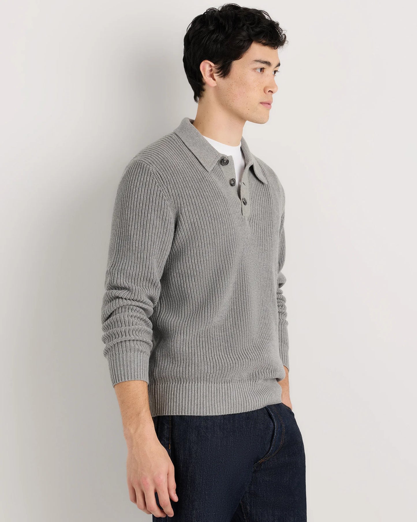 100% Organic Cotton Ribbed Polo Sweater - XS / Mid Heather Grey