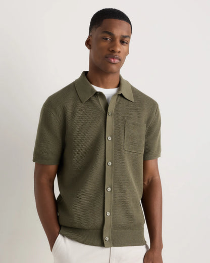 100% Organic Cotton Mesh-Stitch Button-Up Sweater Polo - XS / Speckled Beige