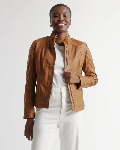 100% Leather Stand-Collar Jacket - XS / True Black