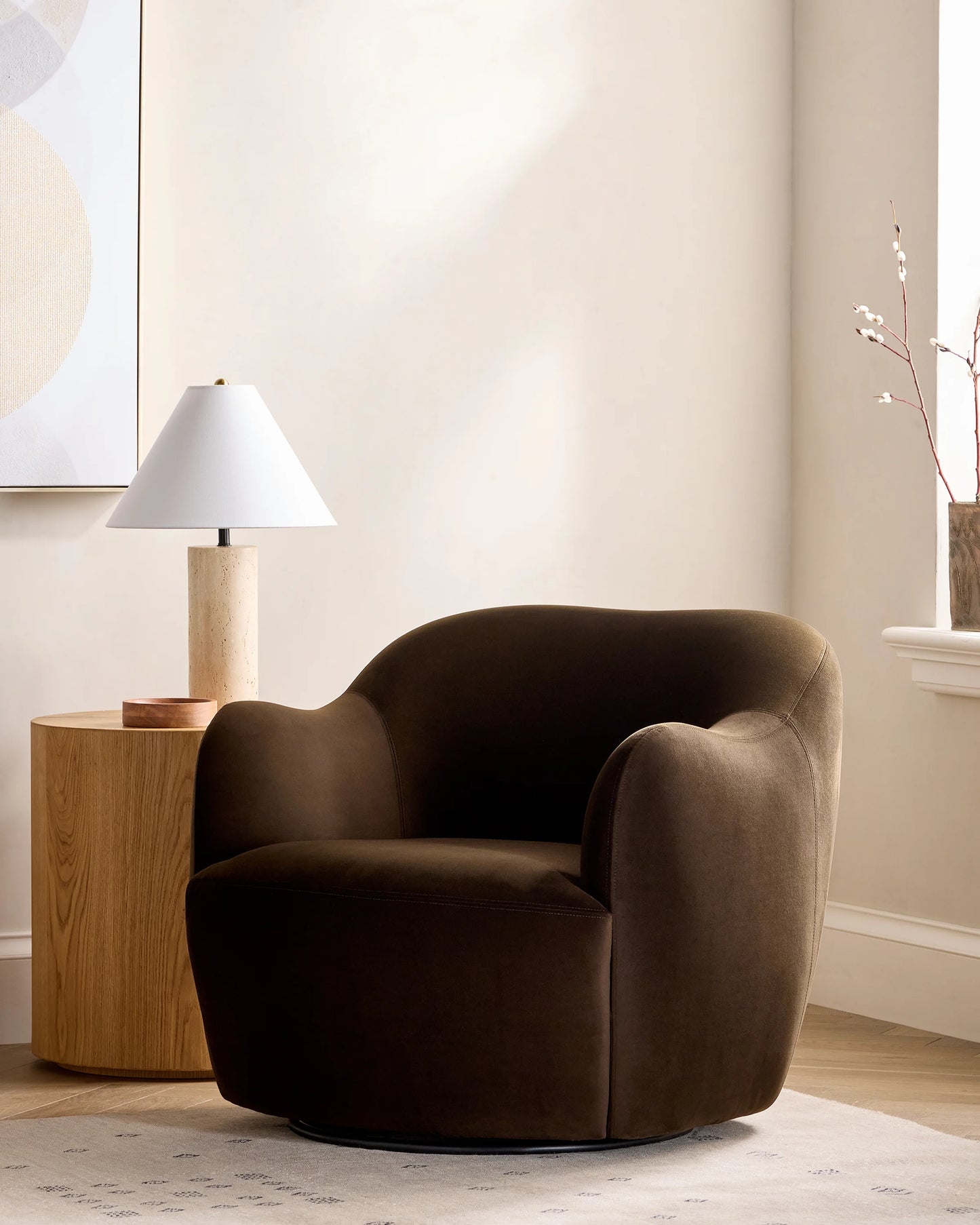 Performance Velvet Curved Arm Swivel Chair - One Size / Java