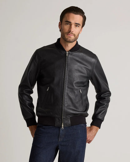 100% Washed Leather Bomber Jacket - S / Black